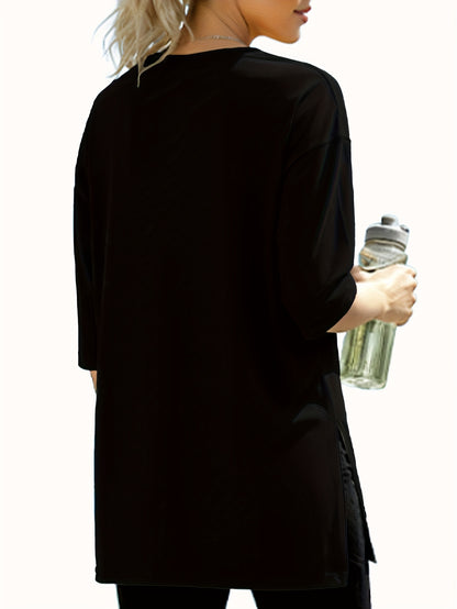 Three-piece Women's Fashion Large 3/4 Sleeve Top, V-neck y Casual Side-slit Shirt, Loose Basic Seven-quarter Sleeve T-shirt