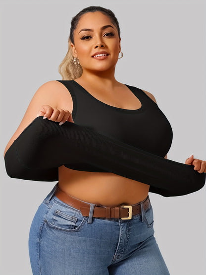 Big U Beauty 2-in-1 Backless Ribbed Base Vest with Built-In Pads & Coasters - High-Elasticity Striped Slim Fit Sleeveless Top for Plus Size Women, Casual Elegant Layering Essential