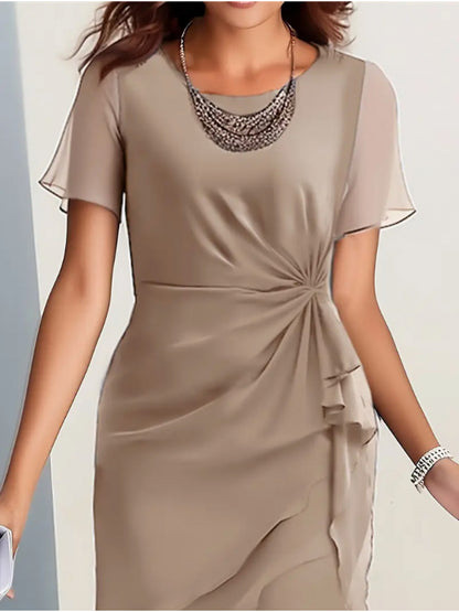 Summer Patchwork Chiffon Women'S Slim-Fit Dress - Round Neck, Short Sleeve, Mid-Length, Waist Twist Design, Asymmetrical Ruffle Hem, Elegant Party Outfit, Suitable for Wedding Guests Or Evening Events