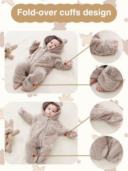 Newborn Baby Outfit Suit Bear Onesie Fold-Over Mittens Footies Girls Boys Winter Fleece Clothes Hooded Jumpsuit Romper