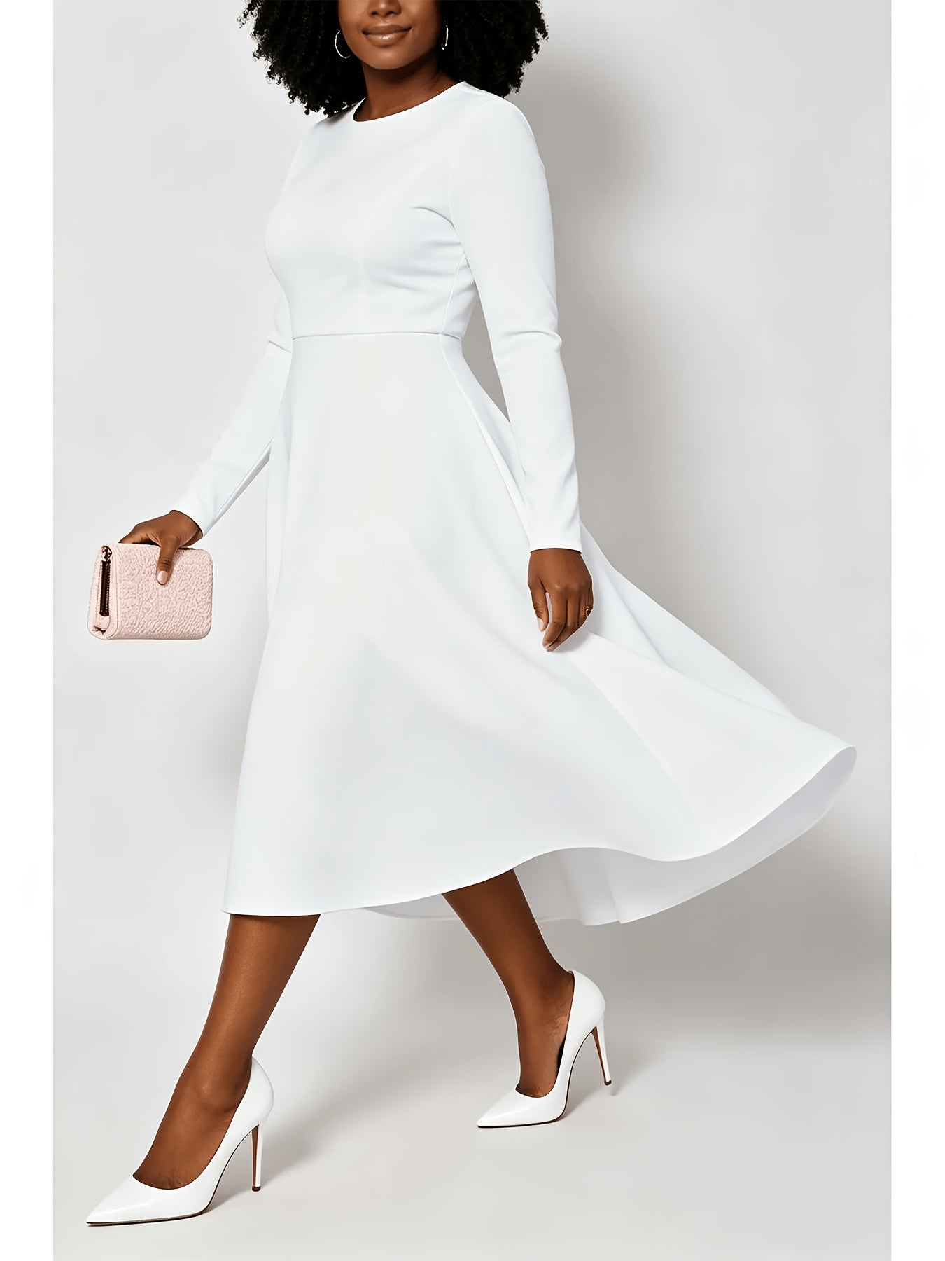 Plus Size - Plus Size Women'S Solid Color Round Neck Long Sleeve Back Pleated Flared Dress Autumn And Winter Elegant Long Dress