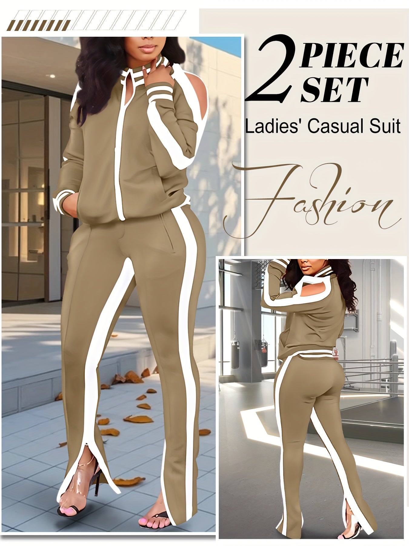 Women's 2pcs Athletic Tracksuit Set, Striped Contrast Shoulder Slit Top & Zipper Hem Sporty Pants, Activewear Lounge Set