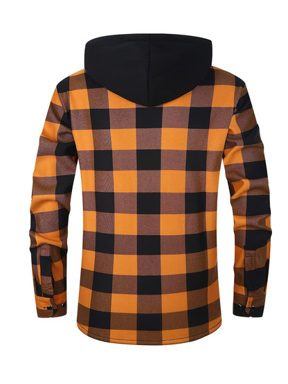Men'S Plaid Hooded Shacket with Fleece Lining for The Fall And Winter Months | Comfortable Long-Sleeve Shirt Jacket Featuring Front Pockets | Ideal for Street Style And Outdoor Commuting | Fashionable Thick Lining for Cold Weather