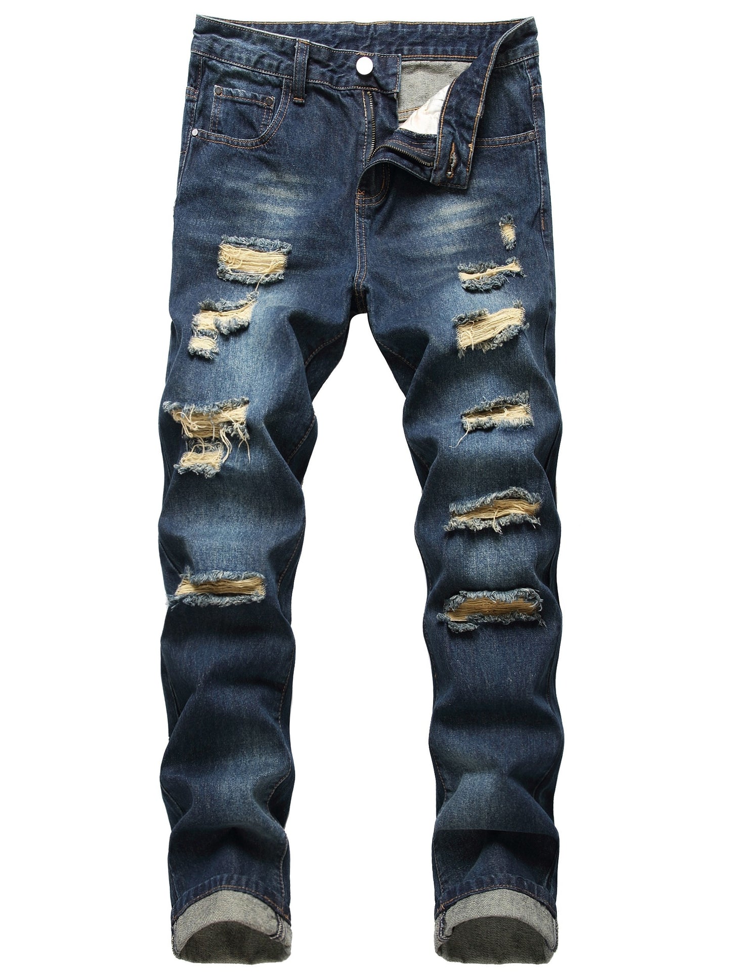 2026 Men's navy blue Ripped Elasticity Skinny Wild Jeans Match Day Fan Gear for Football Fans