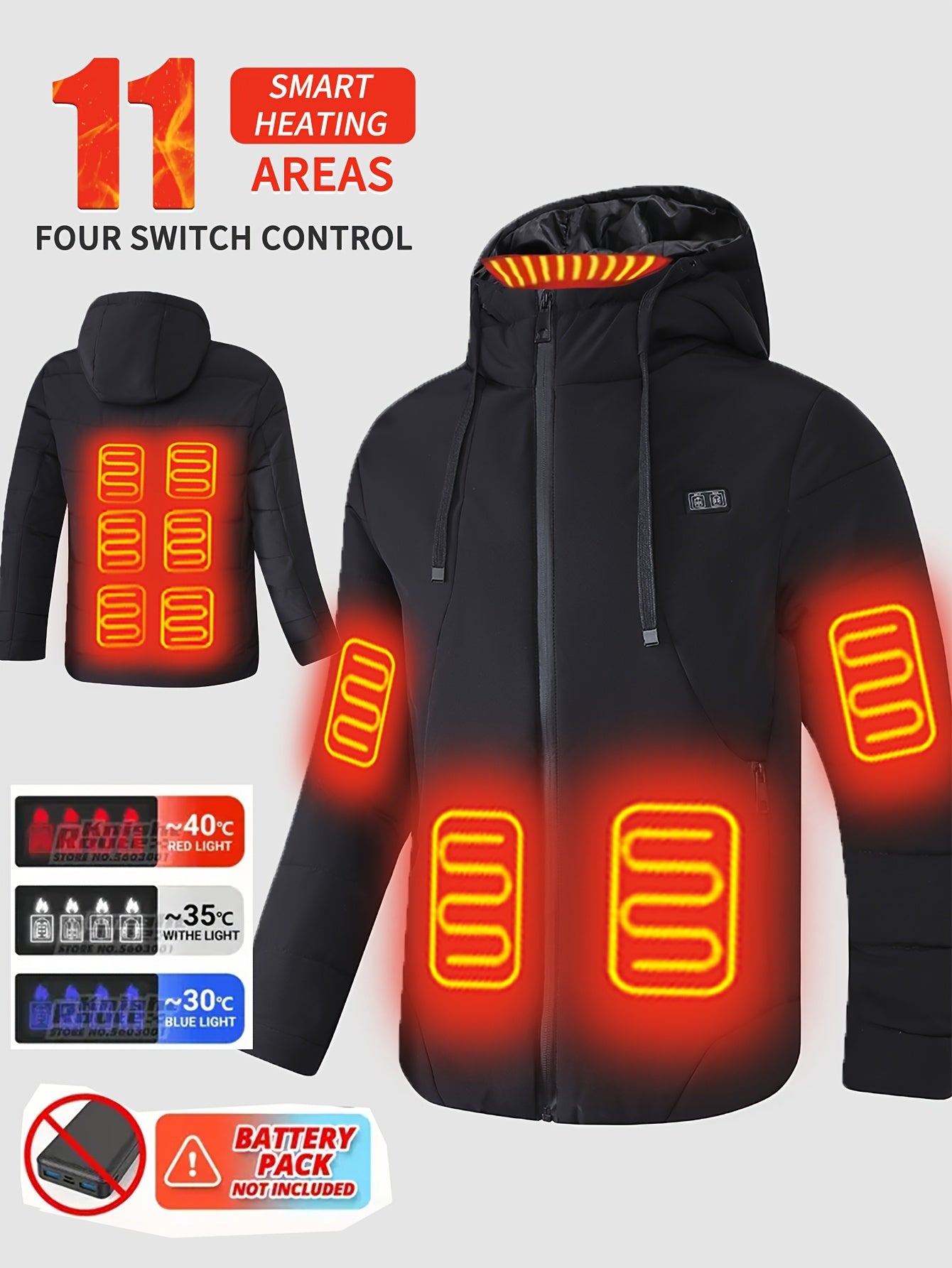 A Smart Heated Jacket Designed for Casual Warmth, Featuring 11 Heating Zones, Dual Controls, Three Heat Settings, a Hood with Drawstrings, Suitable for Autumn And Winter, Thickened for Business Wear, Perfect for Outings Or Home Use for Men.