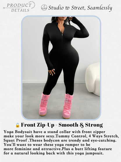 Plus Size, Plus Size Spring/Summer Women's Solid Color Jumpsuit, Front Half Zipper Design, Waist Cinched, Slim Fit, Flatter The Figure Fall, S & Simple Casual, Suitable for Cycling,, And Other.
