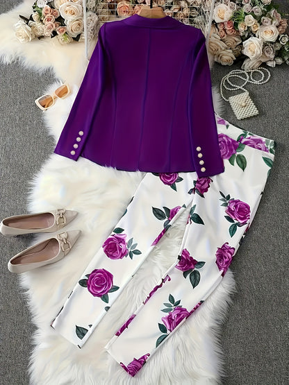 Two-Piece Set - Lapel Collar, Button-Front, Mid-Elasticity Polyester Blazer and Floral Print Slim Pants Outfit for Spring/Fall - Fabric, Random Printing, No Sheer, Casual Style Womens Clothing