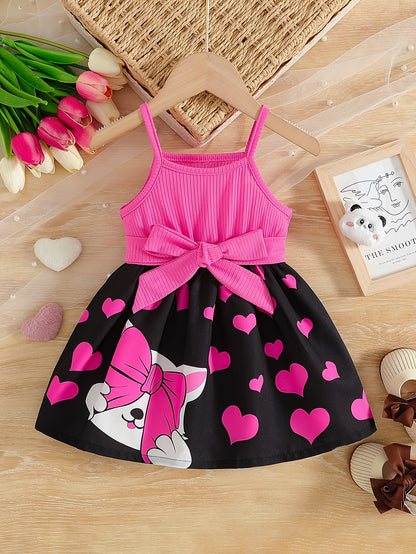 Spring/Summer Kids' Casual Camisole Dress with Cute Cat Print, Comfortable Long Sleeve Sweet Fashion Dress + Belt for Little Girls