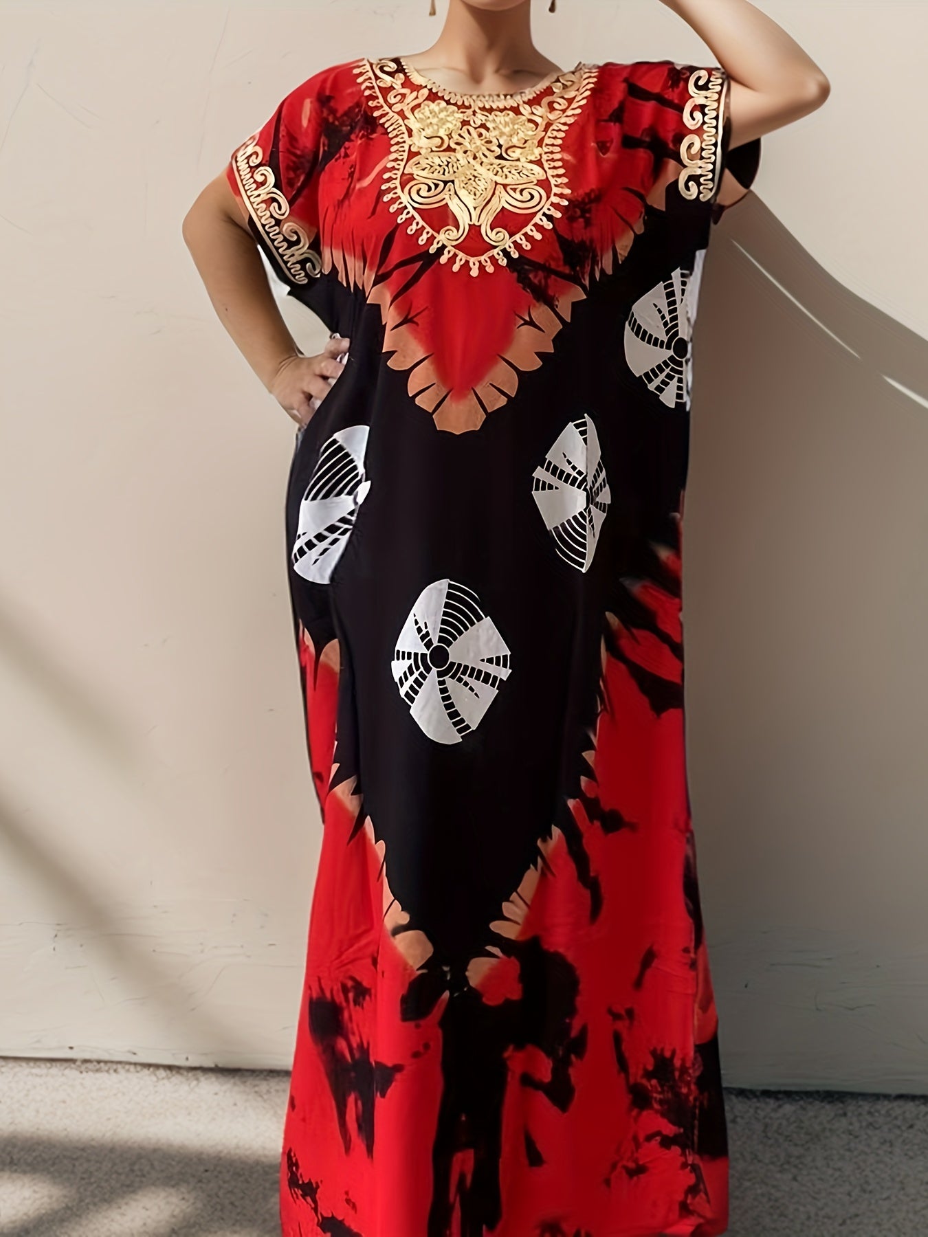 Elegant Ramadan Kaftan Dress: Middle Eastern Women's Long Sleeve, Floral Print, Rayon/Viscose, Seasonal, Straight Cut,, Sari Style, Suitable for All Seasons