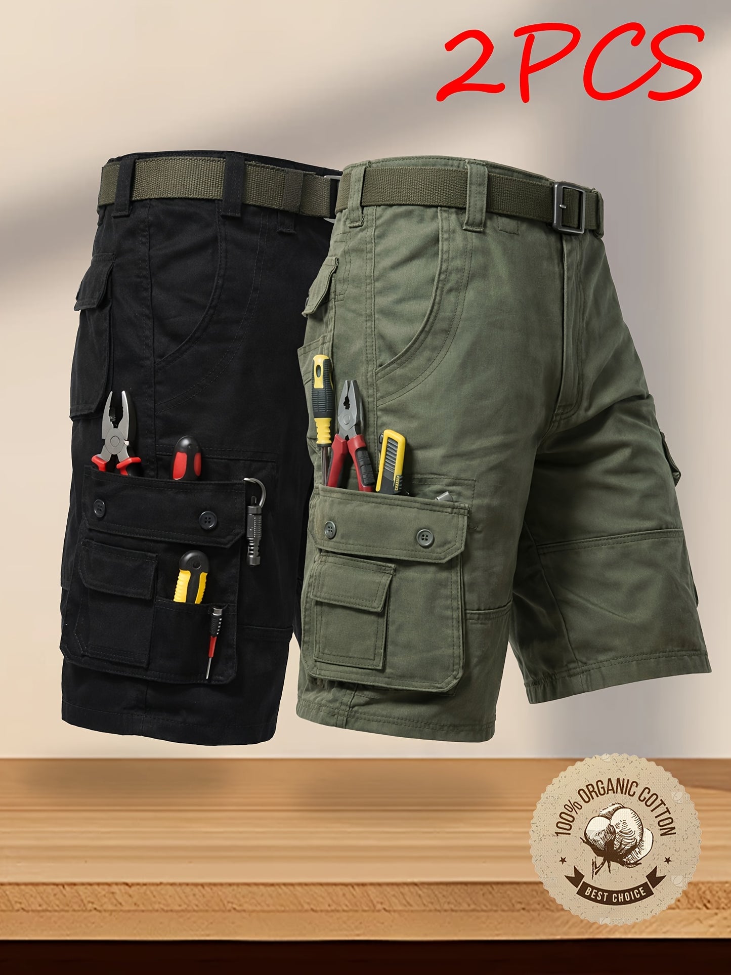 2-Pack Men'S New Multi-Pocket Work Shorts, 100% Pure Skin-Friendly And Breathable Fabric, Running, Travel, And Hiking Shorts, Wrinkle-Resistant And Durable Shorts