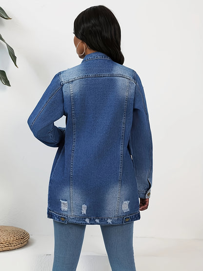 Women Fashion Solid Ripped Turn-down Collar Jean Jacket For Women Loose Casual Blue Fashionable Women Coats Female Outwear Denim Dark Blue Jacket For Women