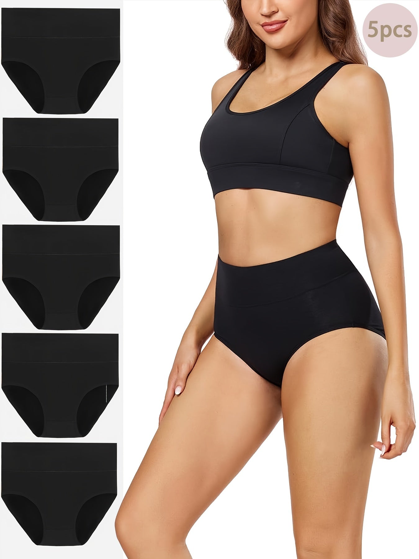 5pcs High Waist Solid Color Briefs, Comfy, Soft, Breathable, Stretchy And Elegant Lingeries for Women