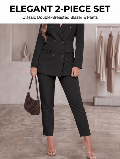 2pcss Blazer Set Pantsuit Women Double Breasted Blazer Set Formal 2pcss Pantsuit For Office Work, Long Sleeve Business Suit Slim Fit Double Breasted Suit For Business Meetings Corporate Office