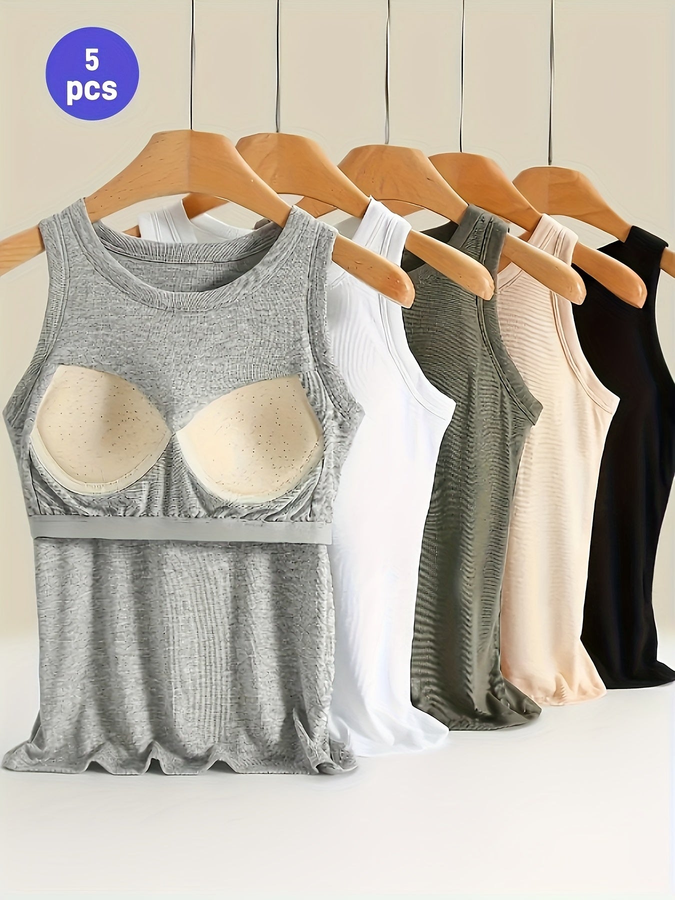 5pcs Women's Sleeveless Tank Tops with Built-In Bra Pads - Stretchy Viscose-Spandex Blend, Seamless Non-Removable Pads, Solid Colors Suitable for Home & Casual Wear, All-Season Layering Essentials, Opaque Blouses for Females