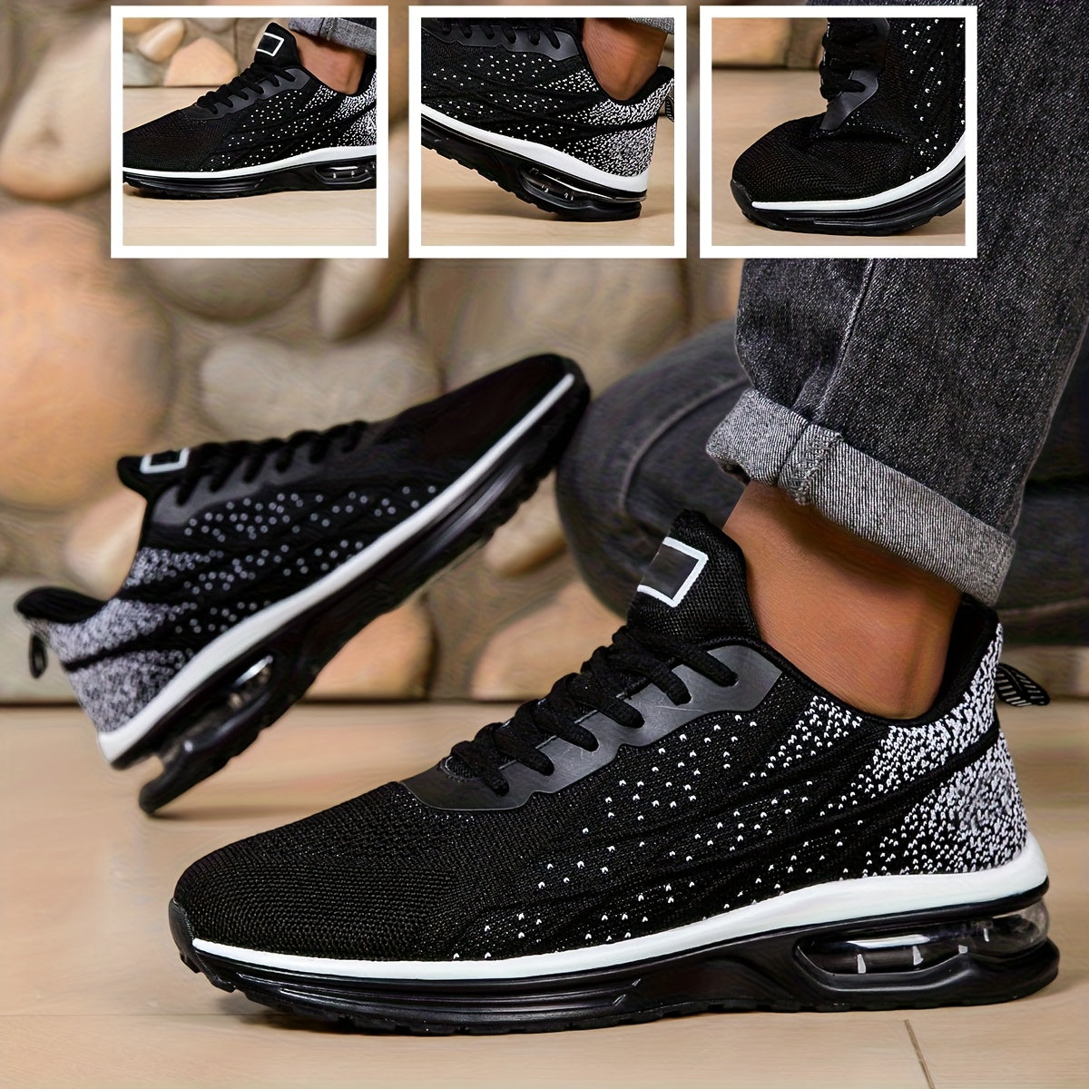 Men'S Breathable Air Cushion Running Shoes - Stylish Black Athletic Sneakers with Shock Absorption, Non-Slip Sole, And Durable Design for All-Day Comfort, Perfect for Outdoor Training, Fitness, And Long-Distance Running