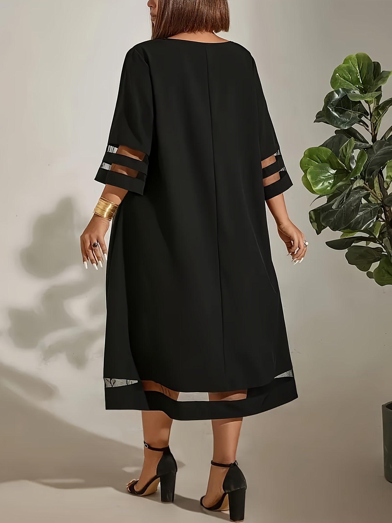 Plus Size, Plus Size Women's Elegant Casual Chic Dress - Breathable Mesh Inserts, Garden Neckline & 3/4 Sleeves, Fitted Solid Color Design for Spring Summer Autumn, Machine Washable, Dress Blouses Elegant, Seasonal Fashion, Flowy Fabric