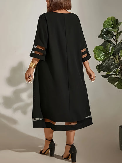 Plus Size, Plus Size Women's Elegant Casual Chic Dress - Breathable Mesh Inserts, Garden Neckline & 3/4 Sleeves, Fitted Solid Color Design for Spring Summer Autumn, Machine Washable, Dress Blouses Elegant, Seasonal Fashion, Flowy Fabric