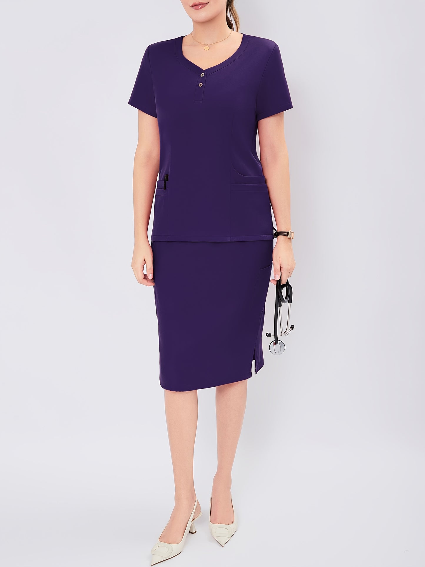 Women's V-Neck Button-Up Scrub Set, Fashionable Short Sleeve Beauty Salon Medical Hand Wash Uniform, Polyester Blend, Casual Style, Regular Fit, Solid Color, Straight Sleeve, Knee-Length Skirt with Pockets, Pullover Top