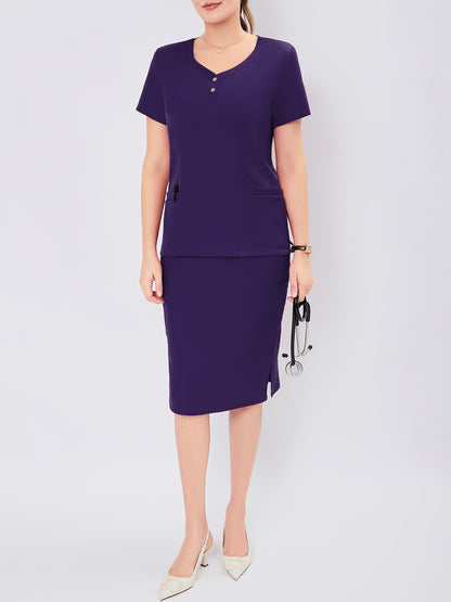 Women's V-Neck Button-Up Scrub Set, Fashionable Short Sleeve Beauty Salon Medical Hand Wash Uniform, Polyester Blend, Casual Style, Regular Fit, Solid Color, Straight Sleeve, Knee-Length Skirt with Pockets, Pullover Top