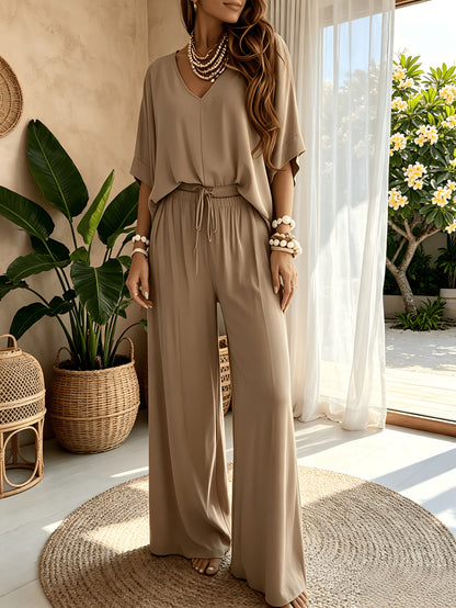 Women'S 2pcs V-Neck Wide Leg Pants Set - Boho Short Sleeve Loose Top & Drawstring Waist Outfit, Summer Beach Loungewear For Vacation, Perfect For Holiday And Daily Wear
