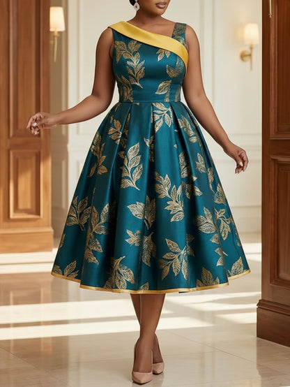 Plus Size, Plus Size Women's Spring-Summer Color-Block Waist-Fitted Dress | Leaf-Patterned Design Showcasing Exquisite Charm, Ideal for Light Dinner Occasions, Social Events & Exquisite Dates with Fashionable Looks