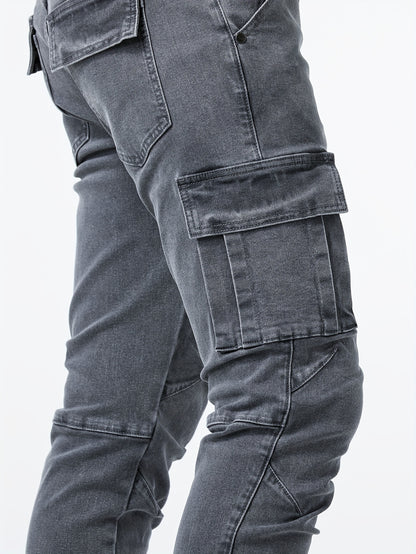 Slim Fit Multi Pocket Jeans, Men's Casual Street Style High Stretch Denim Pants for All Seasons Outdoor