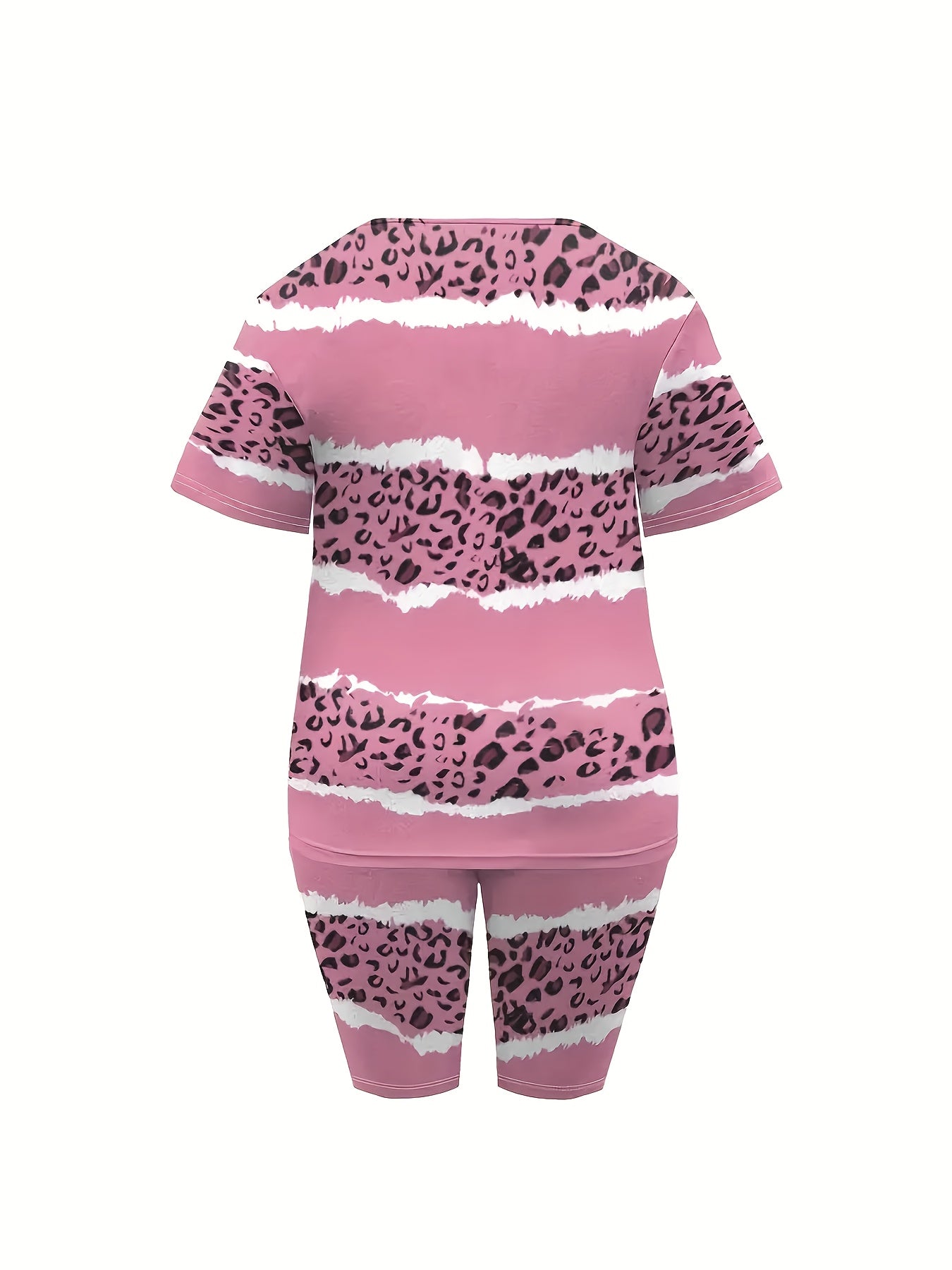 Plus Size - Ladies' Casual Leopard Short-sleeved T-shirt And Shorts Suit, With Pockets, Medium Elastic Fabric, Daily Casual Striped Suit.