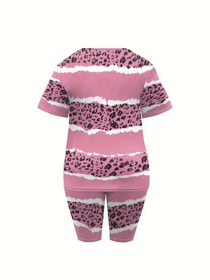 Plus Size - Ladies' Casual Leopard Short-sleeved T-shirt And Shorts Suit, With Pockets, Medium Elastic Fabric, Daily Casual Striped Suit.