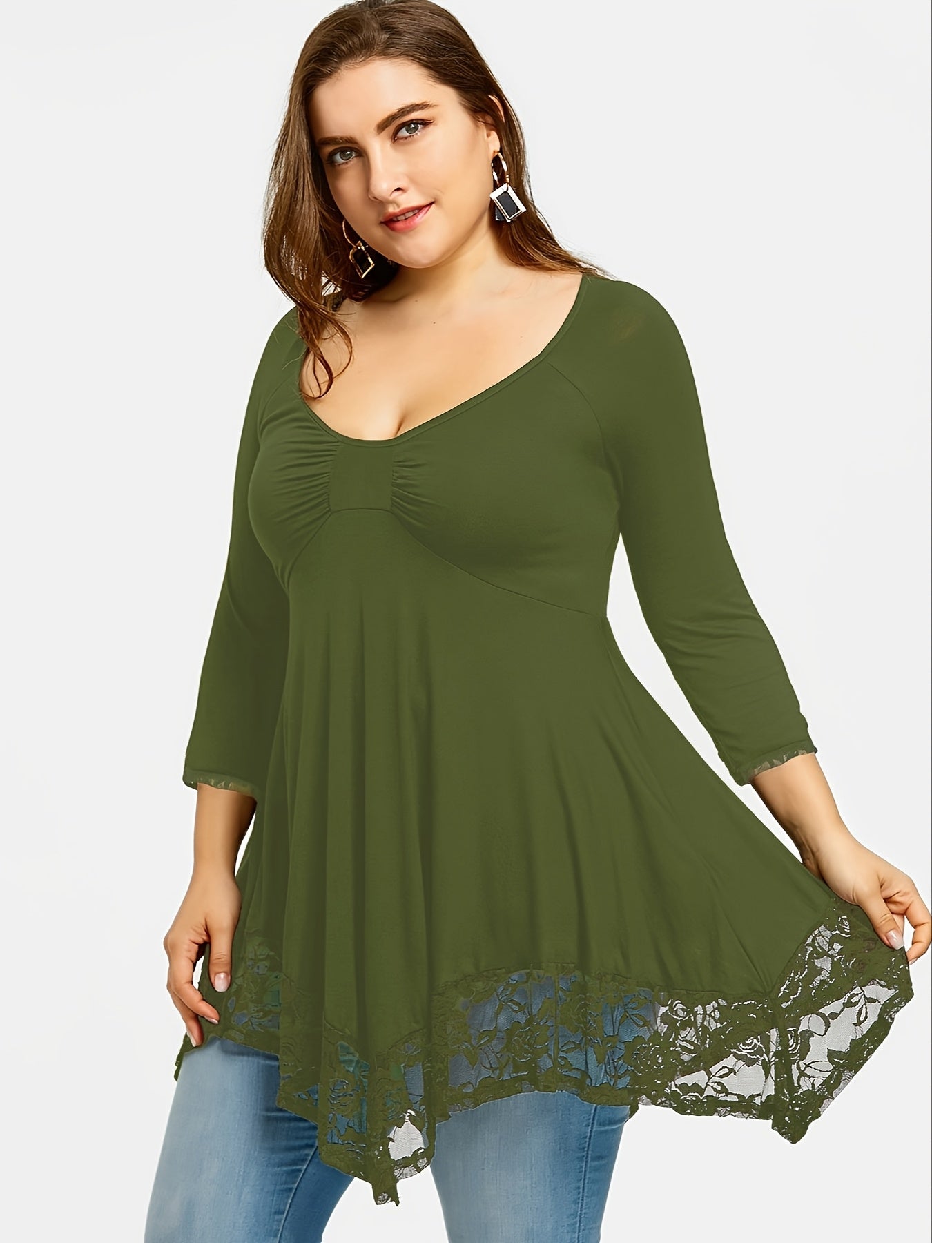 Plus Size - Plus Size - Floral Jacquard Lace Top in Plus Size - Stylish Contrast Edging, Round Neckline, Long Sleeves - Elegant Solid Tops for Curvy Women for Easy Fashion