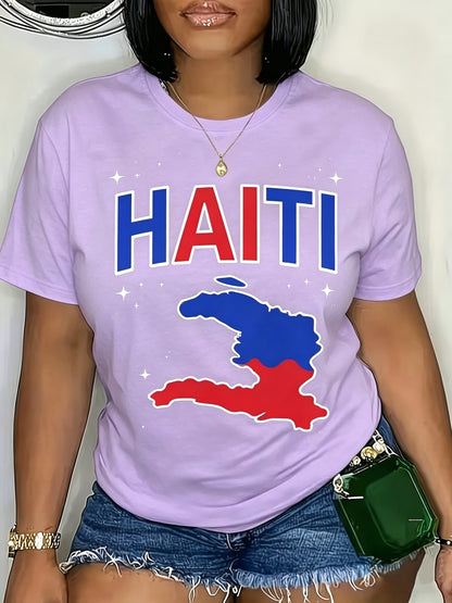 Haiti Map Print Women's TShirt Perfect for Dates, Home Office, Cafes, Mother's Day, Easter, and Any Holiday Celebrations, Ideal Summer Casual Wear