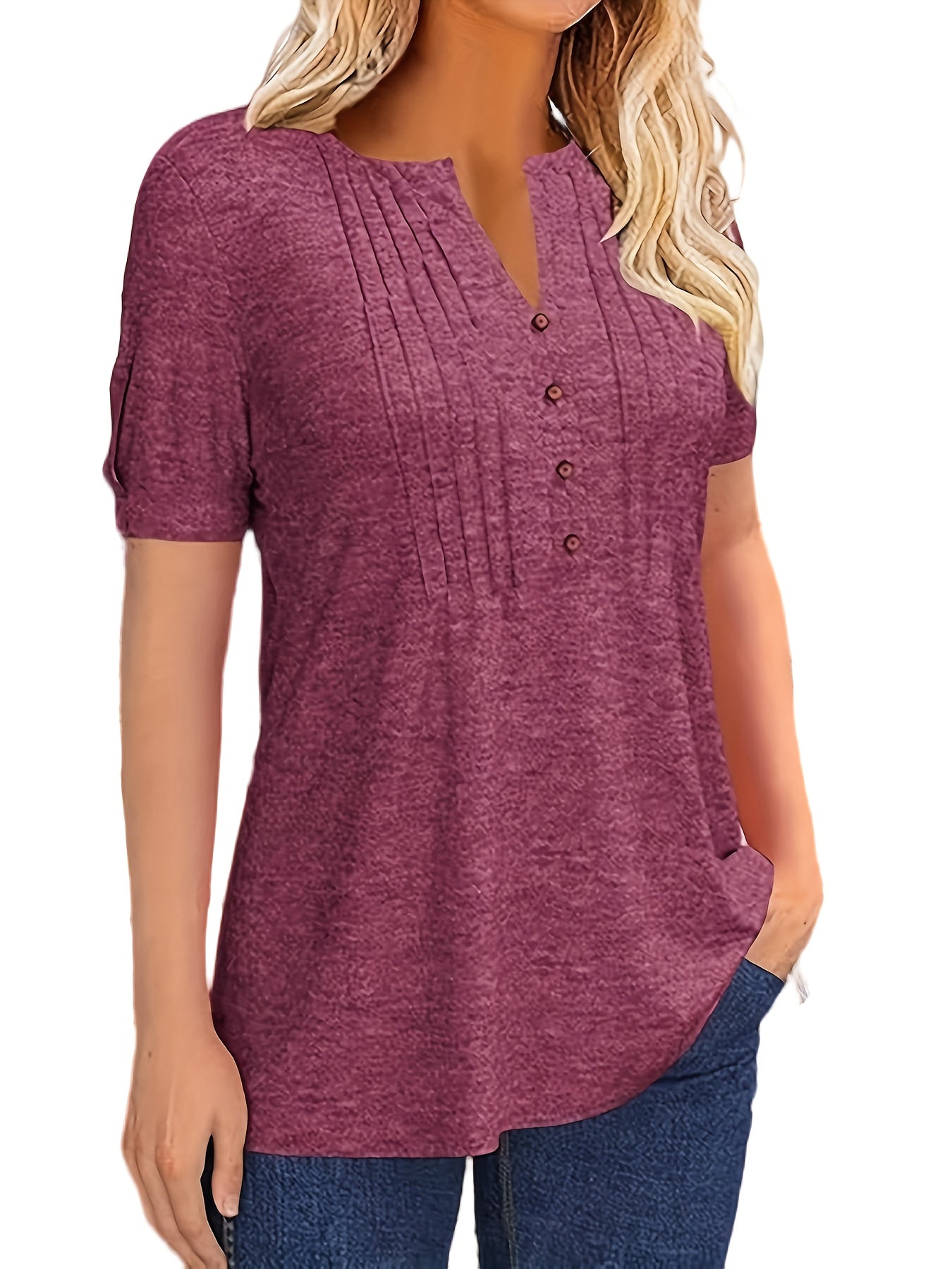 Casual Short-Sleeve T-Shirt for Women, Featuring a Pleated Design And V-Neck in Solid Colors, Perfect for Summer