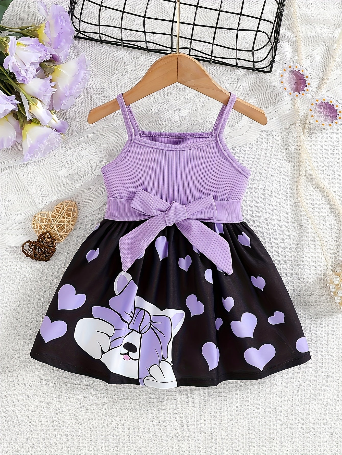 Spring/Summer Kids' Casual Camisole Dress with Cute Cat Print, Comfortable Long Sleeve Sweet Fashion Dress + Belt for Little Girls