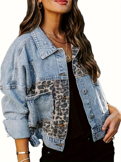 [Leopard Denim Jacket] Women's Button Distressed Leopard Denim Jean Jacket Washed Long Sleeve Ripped Cheetah Jean Coat