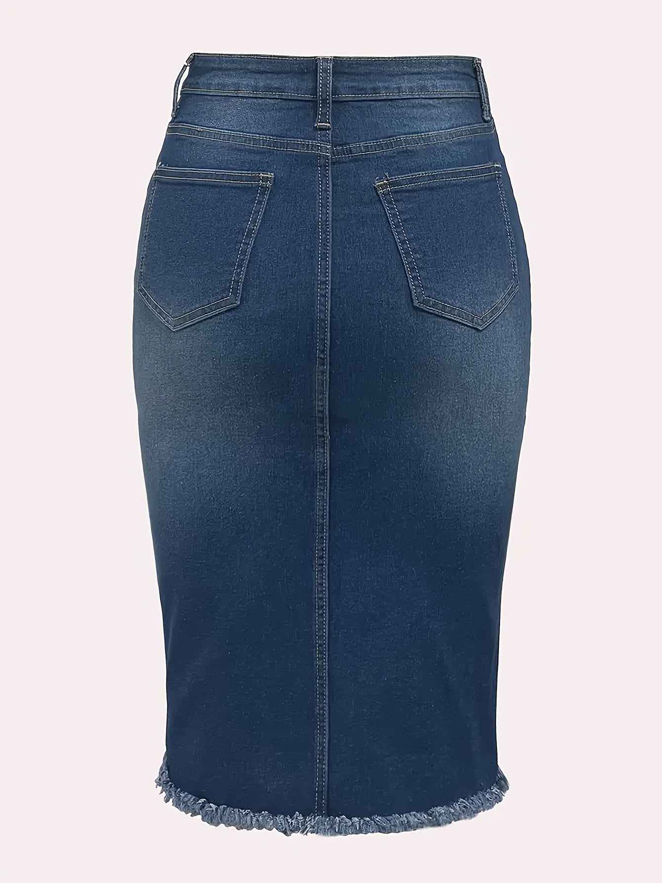 Vintage High-Waisted Denim Midi Skirt with a Raw Hem - Stretchy, Machine Washable, And Perfect for Casual Wear in Spring, Summer, And Fall. Features a Distressed Look And Non-Transparent Fabric.