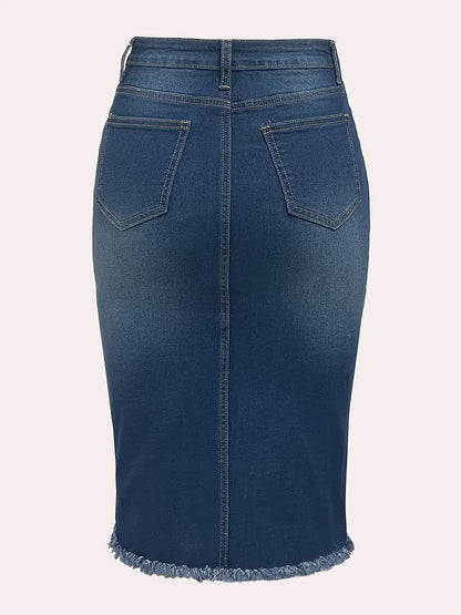 Vintage High-Waisted Denim Midi Skirt with a Raw Hem - Stretchy, Machine Washable, And Perfect for Casual Wear in Spring, Summer, And Fall. Features a Distressed Look And Non-Transparent Fabric.