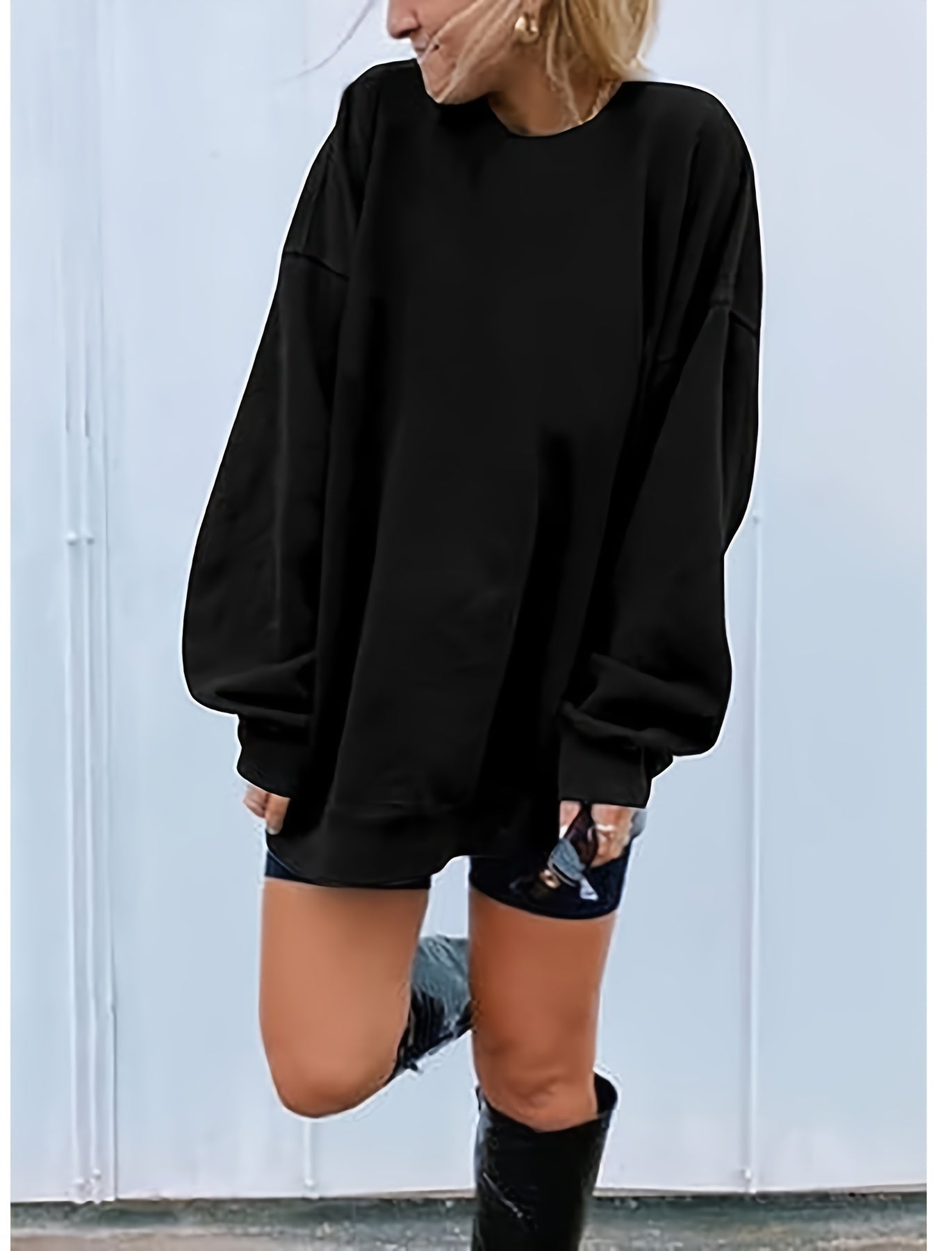 Women's Oversized Long Sleeve Sweatshirts Pure Color Round Neck Casual Pullover Shirt