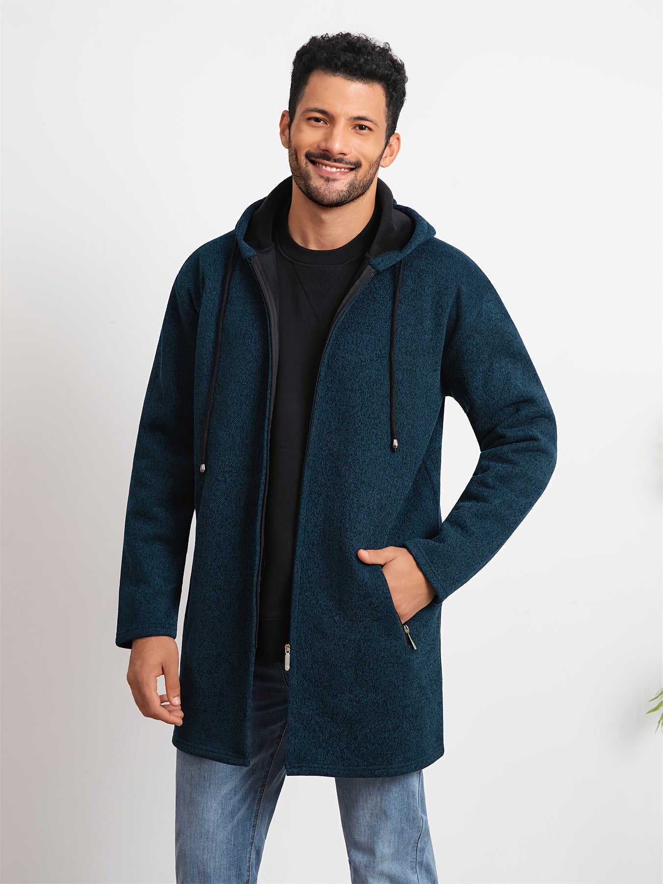 Men's Casual Hoodie, Hooded Mid Length Coat, Lined Zip Up Hoodie, Stylish Slim Fit Hoodie with Pockets, Suitable for Daily Wear, Outdoor Activities And Street