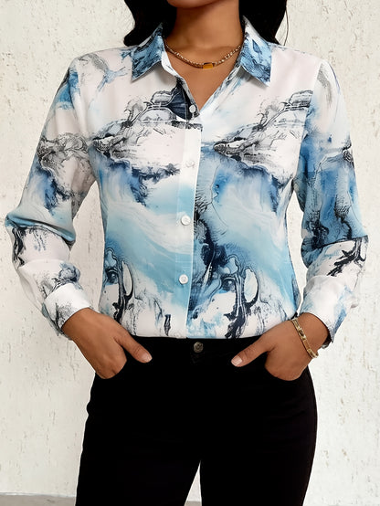 Marble Print Polo Collar Shirt, Casual Button Long Sleeve Shirt For Spring & Fall, Women'S Clothing
