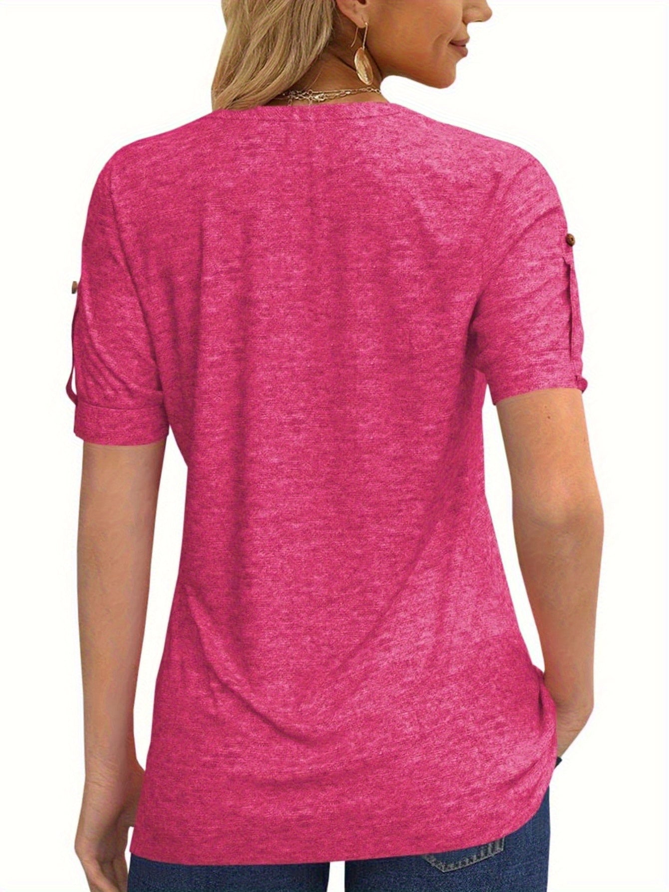 Casual Short-Sleeve Blouse for Women with a Solid Color, Featuring a Pleated Design, Buttoned V-Neck, And a Zipper