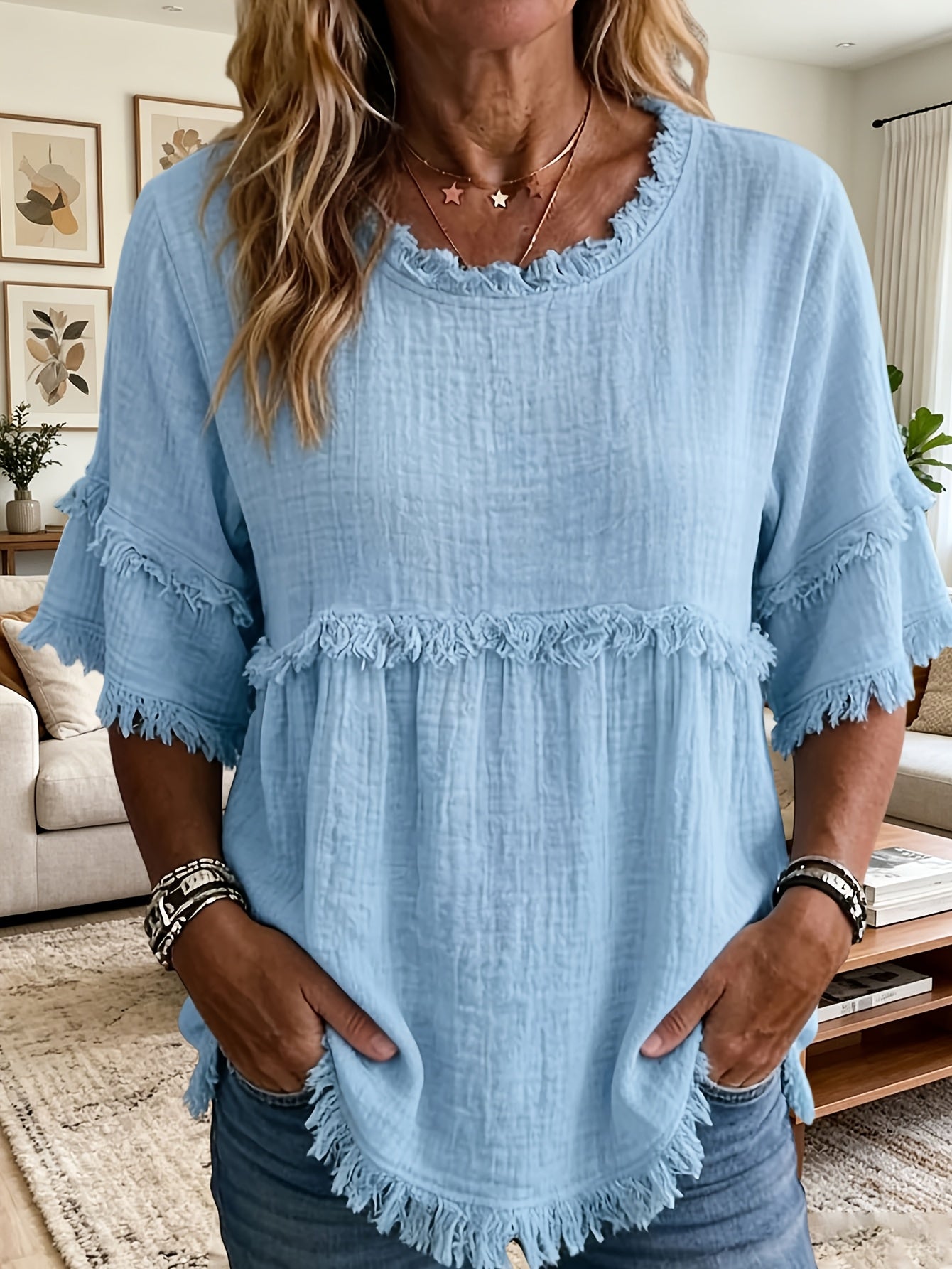 Women'S Round Neck Short Sleeve Casual Blouse with Fringed Trim
