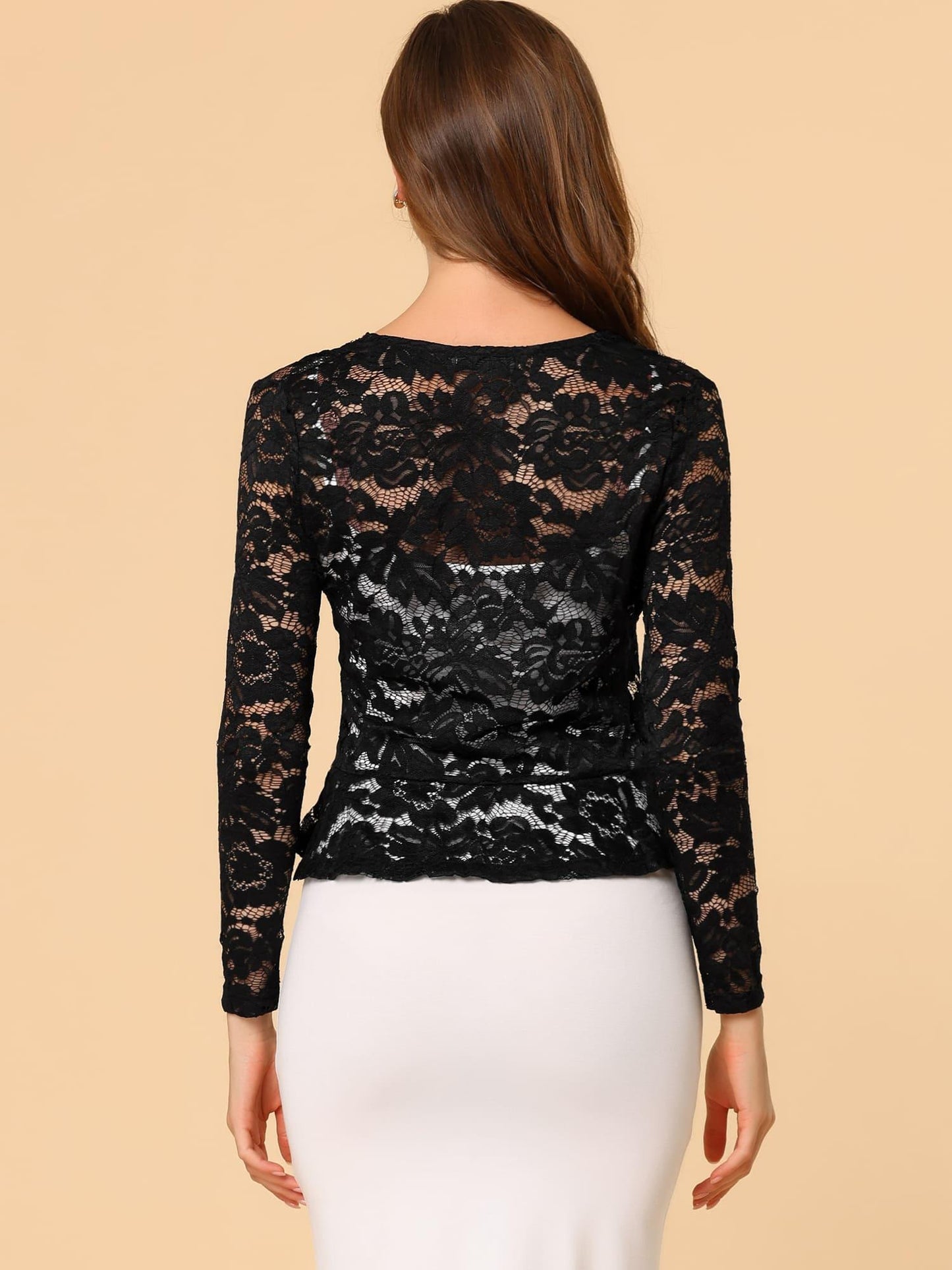 Women's Sheer Crop Bolero Cardigan - Semi-Sheer Lace Shrug with Ruffled Hem & Tie-Front Closure, Blouse for Sleeveless Dresses/Tank Tops (Machine Washable, Spring/Summer Wedding/Office/Cardigan) - 90% Nylon/10% Spandex