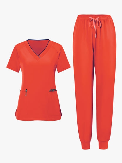 2pcs Set Of Top And Pants, Women's V-neck Frosted Breathable Pocket S Uniform, Brushed Hand Clothes, Work Clothes, Hand Washing Clothes, Pocket Clothes, Leg Binding Pants Set