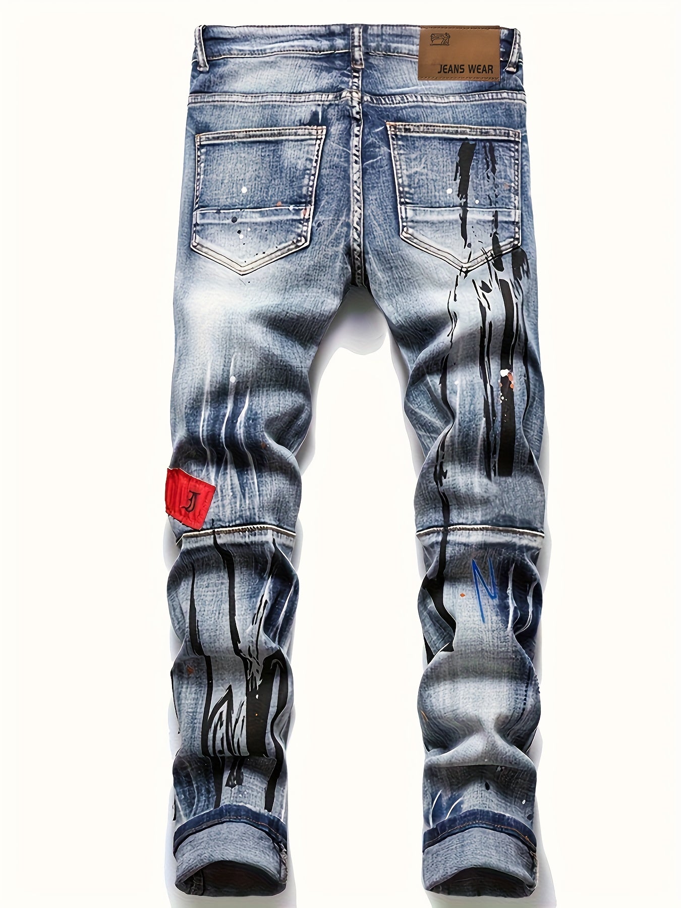 Men's Slim Fit Straight-Leg Distressed Jeans - Vintage Washed Denim with Embroidered Slogans & Patches, Stretch Comfort, Machine Washable, All-Season Streetwear Style