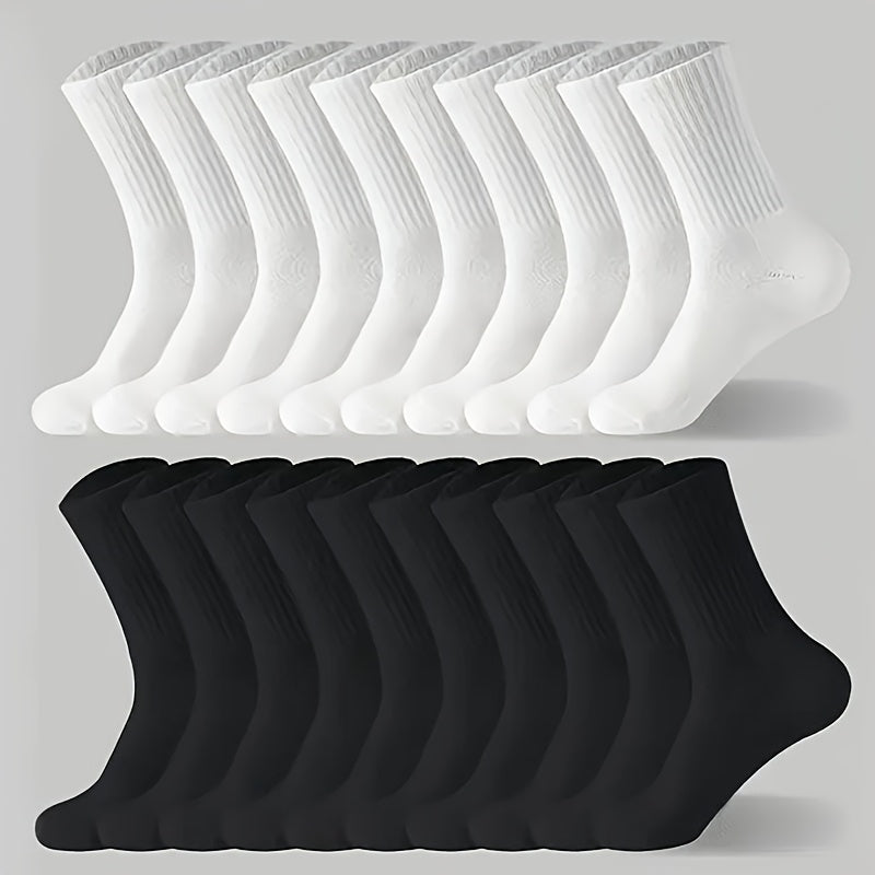 10 Pairs of Solid Black and White Socks, Simple, Breathable, and Comfortable Mid-calf Socks, Suitable for All-season Sports, Unisex
