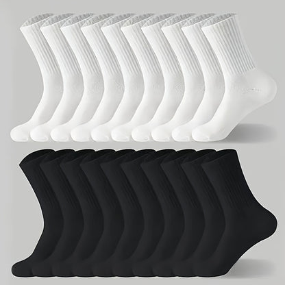 10 Pairs of Solid Black and White Socks, Simple, Breathable, and Comfortable Mid-calf Socks, Suitable for All-season Sports, Unisex