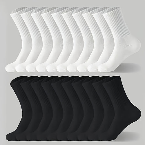 10 Pairs of Solid Black and White Socks, Simple, Breathable, and Comfortable Mid-calf Socks, Suitable for All-season Sports, Unisex