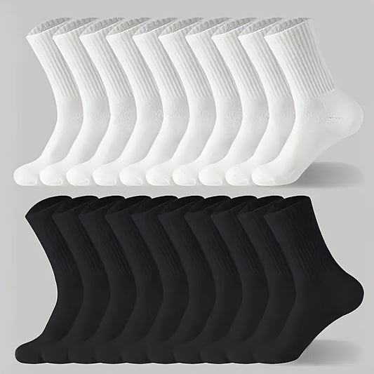 10 Pairs of Solid Black and White Socks, Simple, Breathable, and Comfortable Mid-calf Socks, Suitable for All-season Sports, Unisex