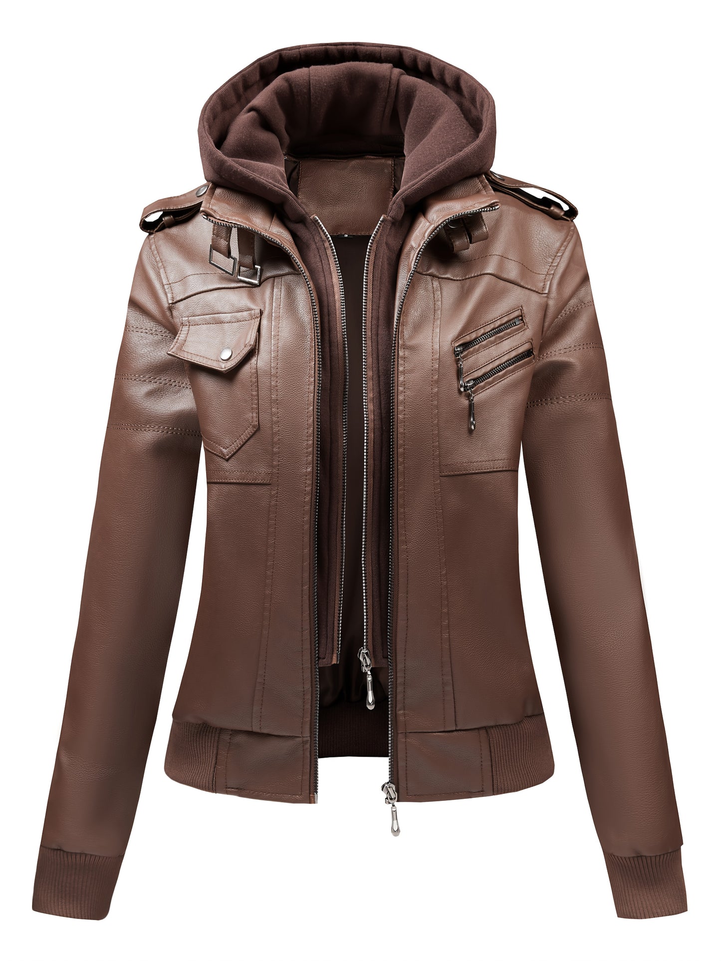 Women'S Faux Leather Jacket Hooded Autumn And Winter Faux Leather Jacket Women'S Faux Leather Jacket