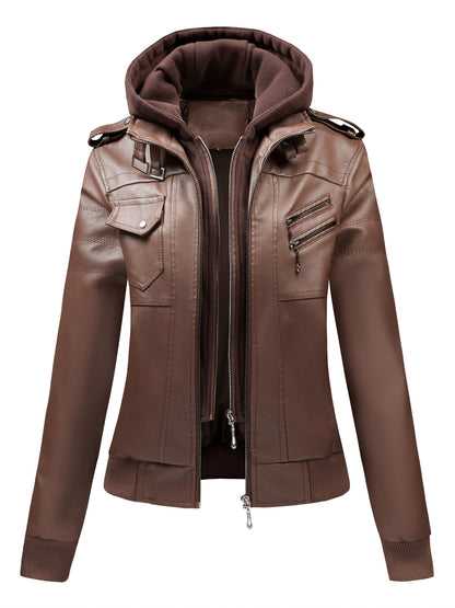 Women'S Faux Leather Jacket Hooded Autumn And Winter Faux Leather Jacket Women'S Faux Leather Jacket