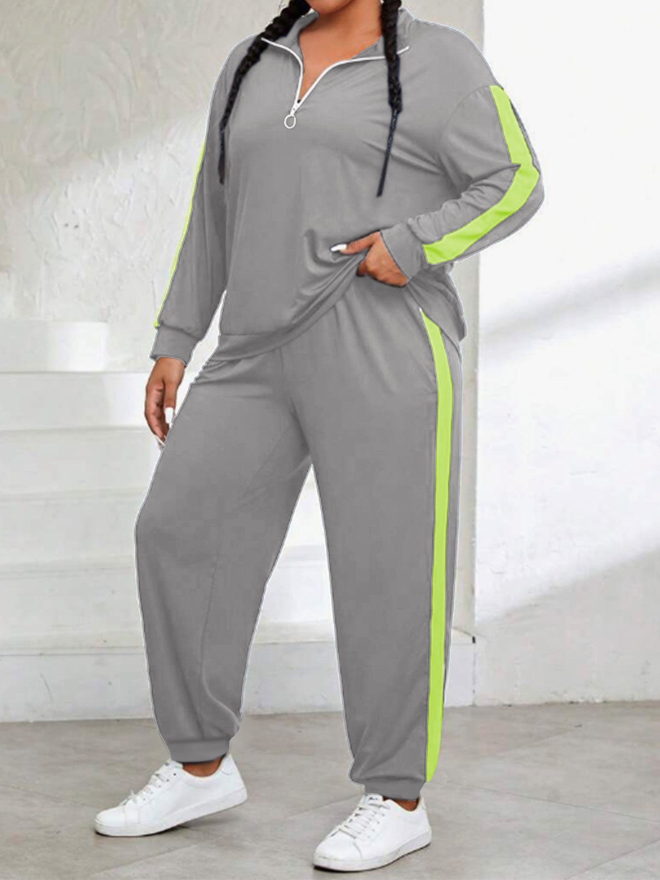 Plus Size, Plus Size Women's Spring And Autumn Contrast Color Casual Suit, Half Zip Pullover Long Sleeve Top And Trousers Two-Piece Set